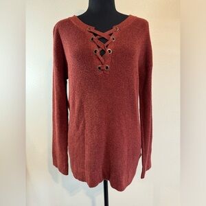American Eagle~ Women’s Lace up Front V-Neck Brick Red Long Sleeve Sweater Small